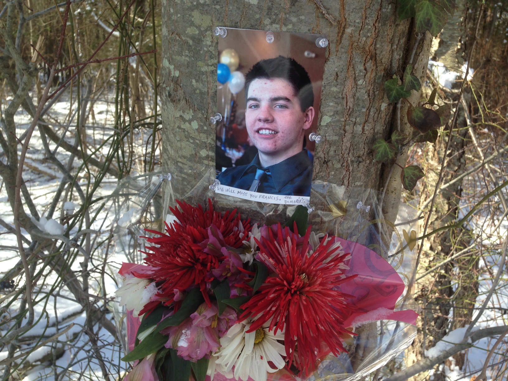 A memorial to Francis Duddy at the scene of a fatal car accident in Feb. 2014. (File Photo)