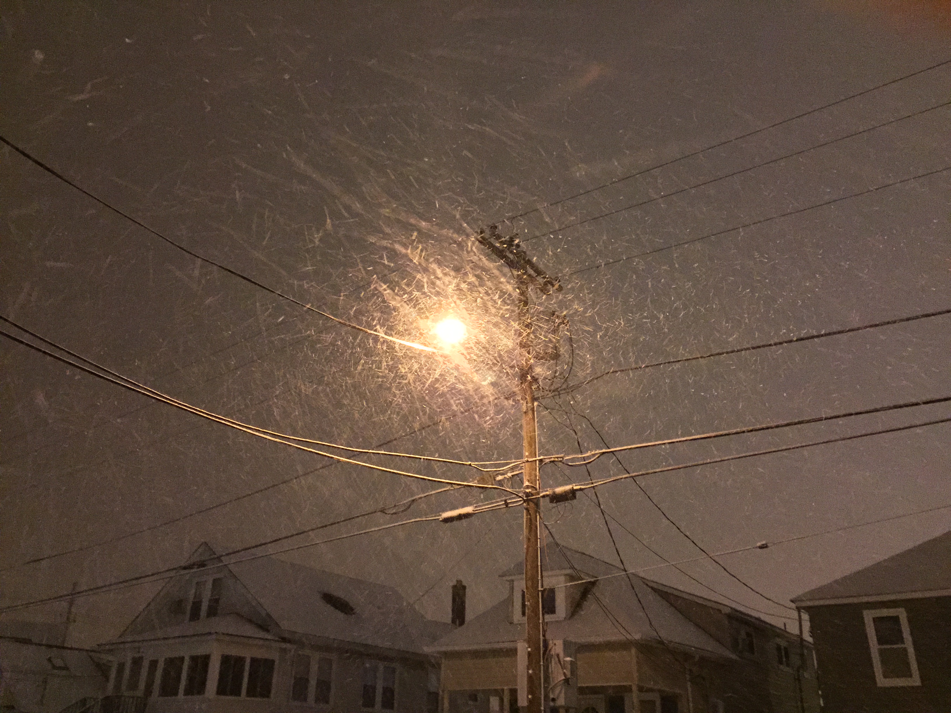 Snowflakes blowing Saturday night under a street lamp. (Photo: Daniel Nee)