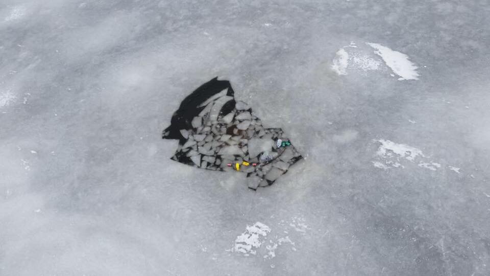 A crack in the ice on the Toms River where a vehicle fell through, Feb. 28, 2015. (USCG Photo)