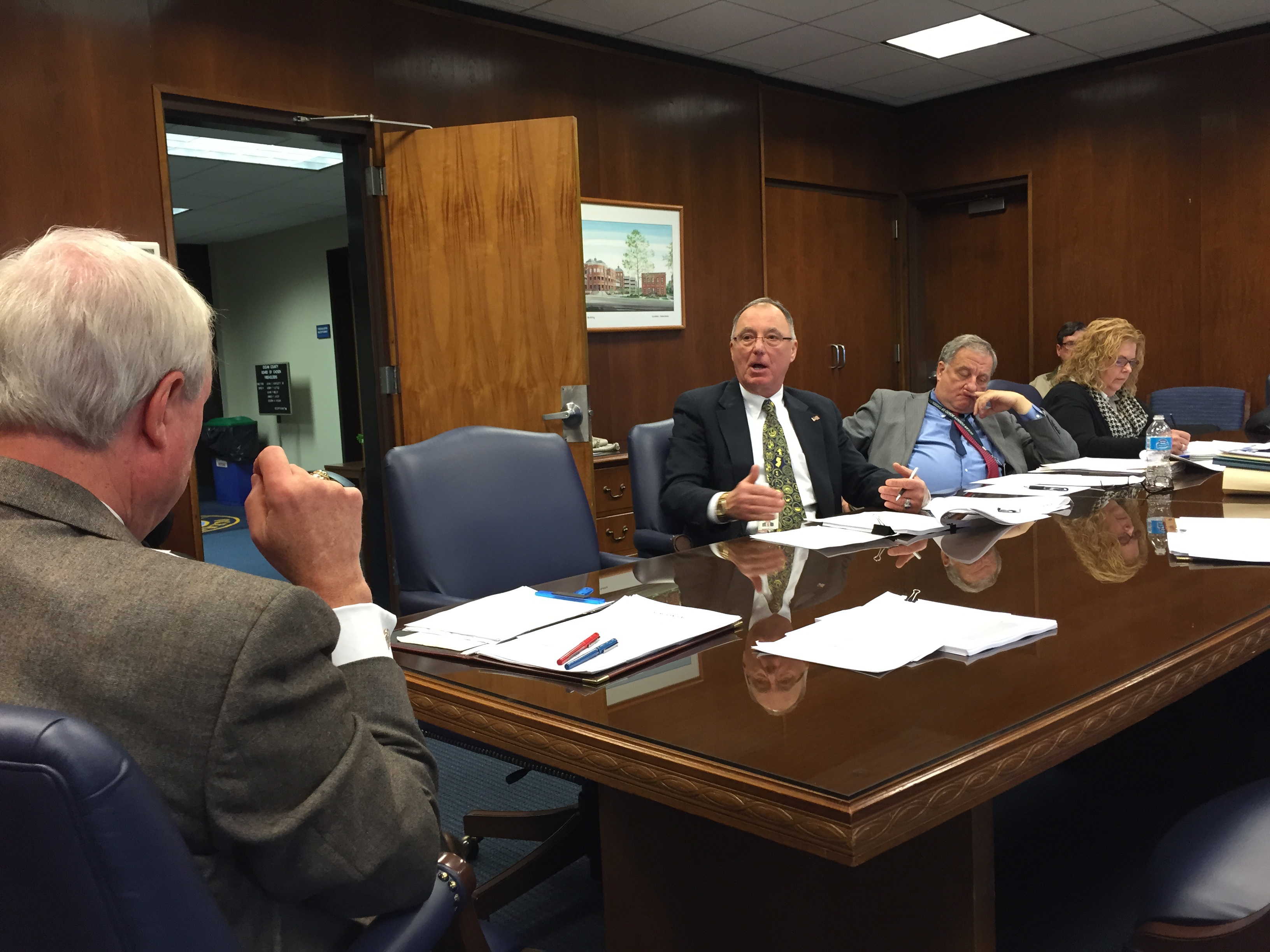 Freeholders John C. Bartlett (left), Gerry Little and County Administrator Carl Block discuss the 2015 operating budget. (Photo: Daniel Nee)