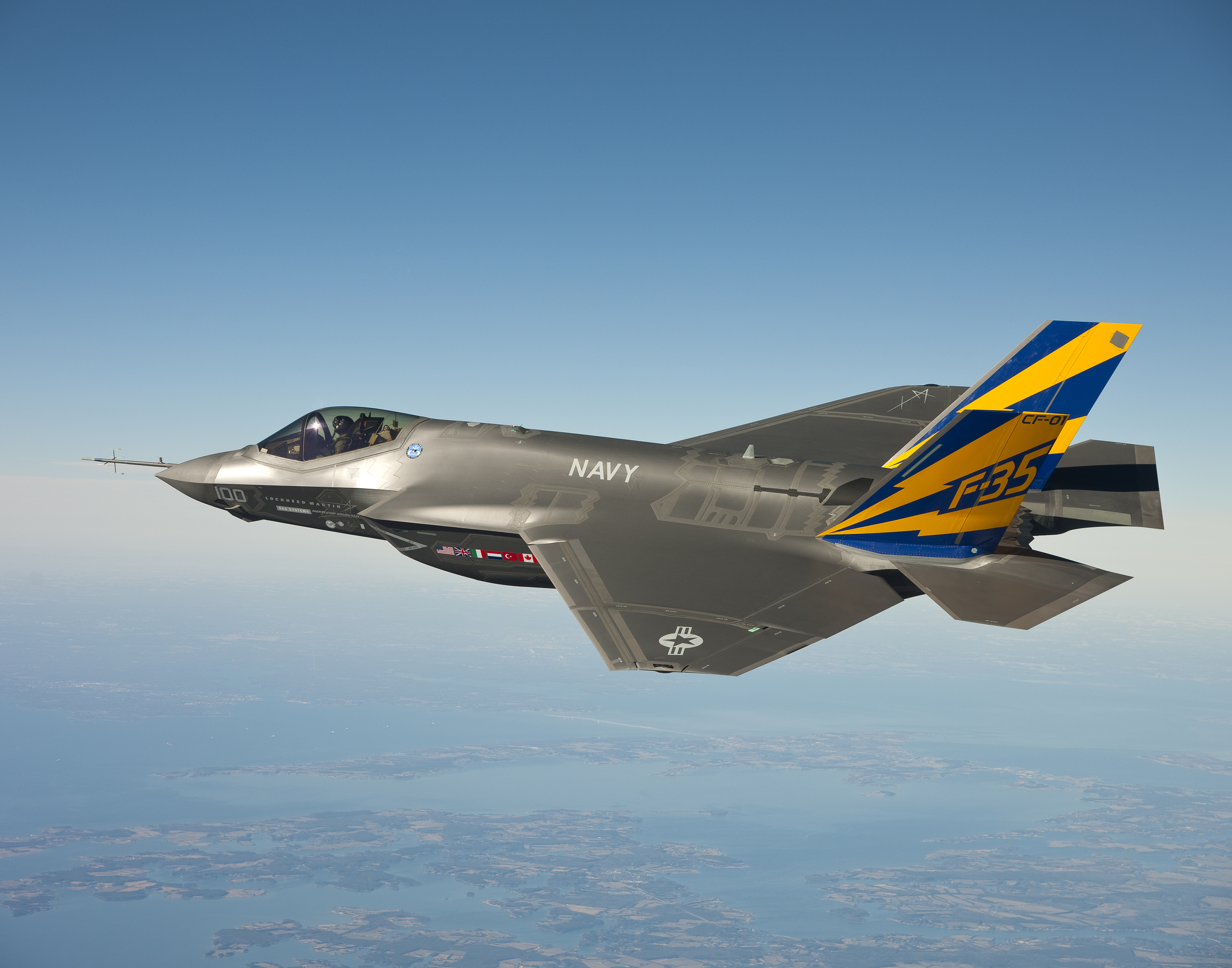 The U.S. Navy variant of the F-35 Joint Strike Fighter, the F-35C, conducts a test flight over the Chesapeake Bay. (U.S. Navy photo courtesy Lockheed Martin/Released)