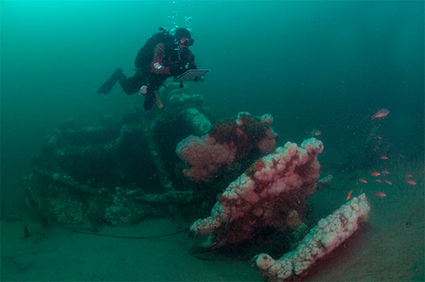 Diver Matt Lawrence hovers over paddlewheel of the Robert J. Walker Shipwreck 10 miles off Atlantic City. (Courtesy: NOAA & Joe Hoyt)