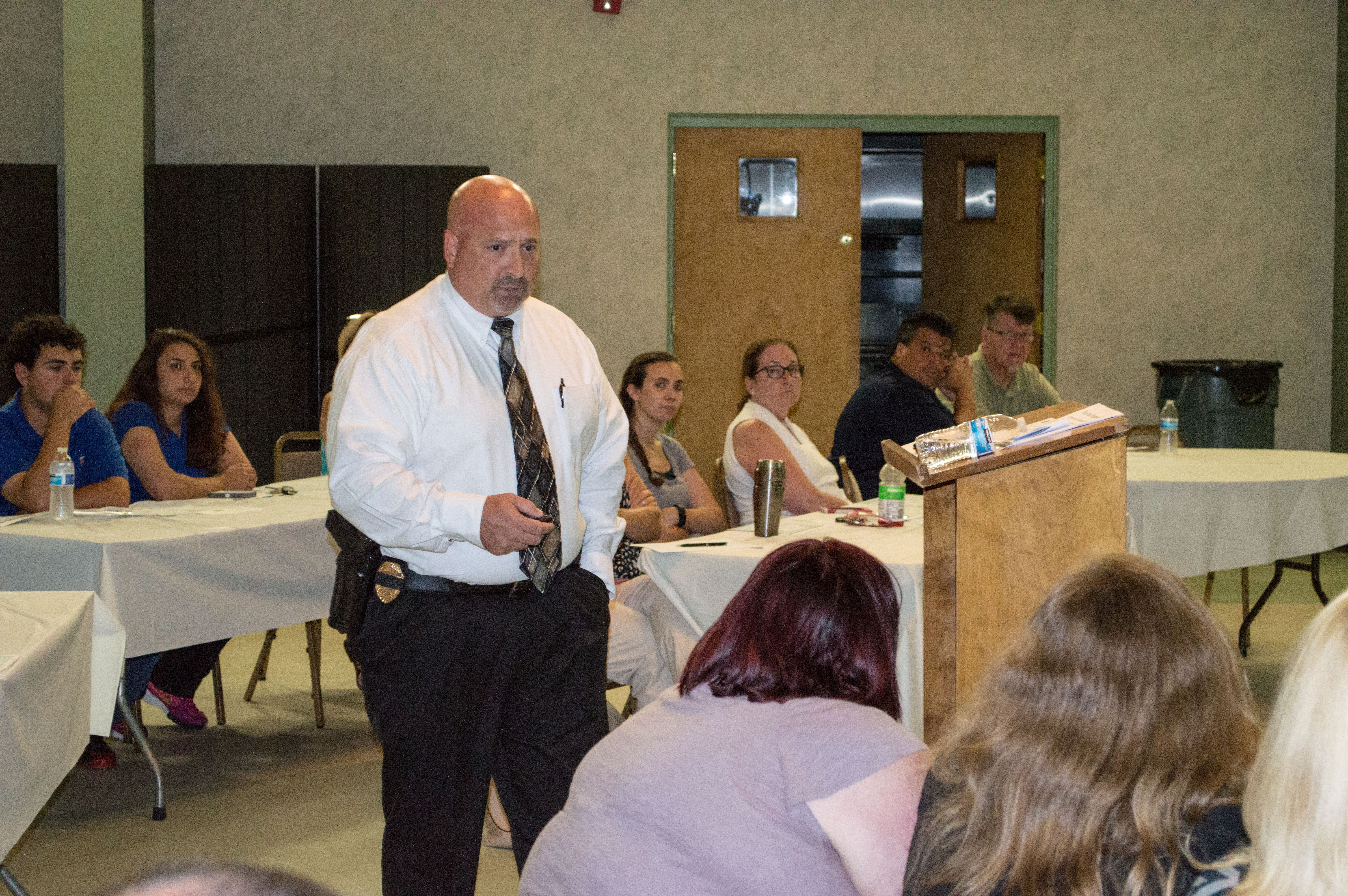 Brick Police Detective Tim McCarthy addresses business owners on active shooter preparation. (Photo: Daniel Nee)