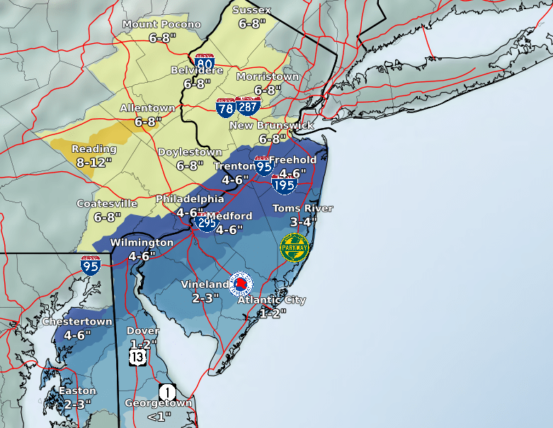 Snowfall predictions for the Feb. 18-19, 2021 storm. (Credit: NWS)