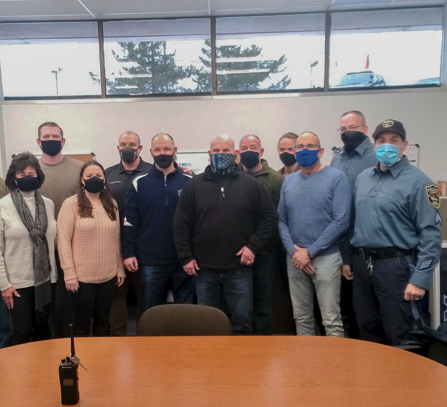 Brick Police Ptl. Jay Lampiasi gathers with colleagues on his last day of work. (Photo: Brick Twp. Police)