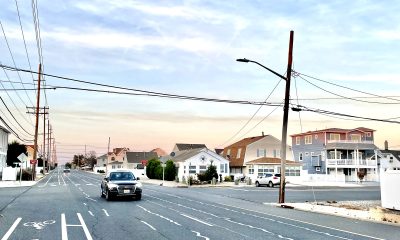 A utility pole leaning along Route 35 in Ocean County, Nov. 2023. (Photo: Shorebeat)
