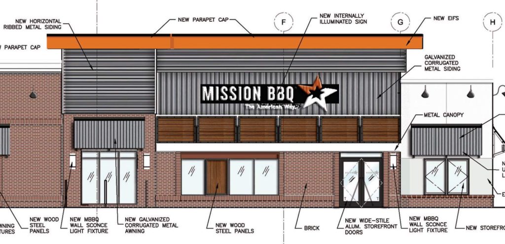 A rendering of the future "Mission BBQ" restaurant in the space formerly occupied by TGI Friday's in Brick Township, Aug. 2025. (Planning Document)