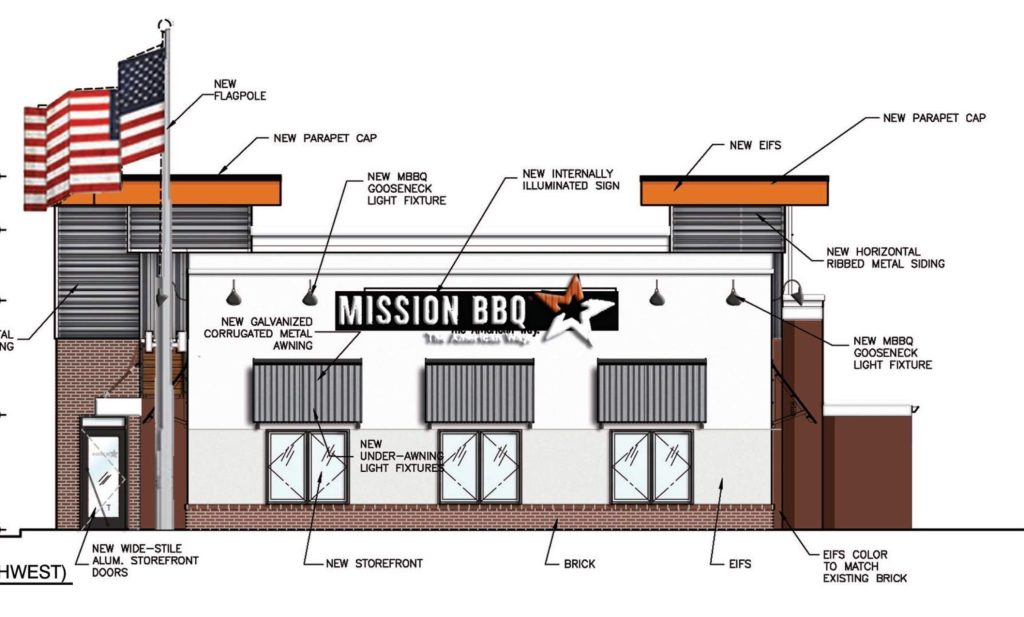 A rendering of the future "Mission BBQ" restaurant in the space formerly occupied by TGI Friday's in Brick Township, Aug. 2025. (Planning Document)