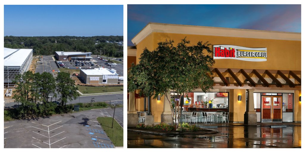 The Brick sports complex at the Foodtown property on Route 70, Sept. 2025 (left) and a Habit Burger location. (Photo: Shorebeat/ Yum Brands)
