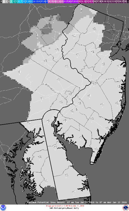 Potential snowfall Jan. 12-13, 2016. (Credit: NWS)