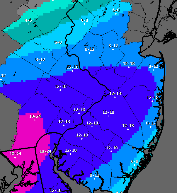 Snowfall totals, Jan. 22, 2015 (Credit: NWS)