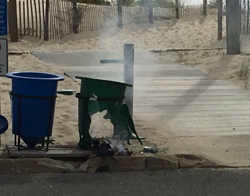 Damage to a garbage can after a bomb exploded in Seaside Park, Sept. 17, 2016. (Photo: Bob Vosseller)