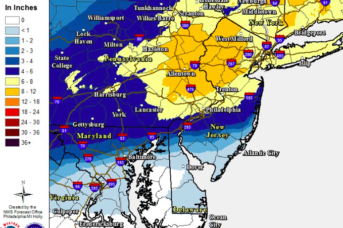 Snowfall totals for the Feb. 9, 2017 storm. (Credit: NWS)