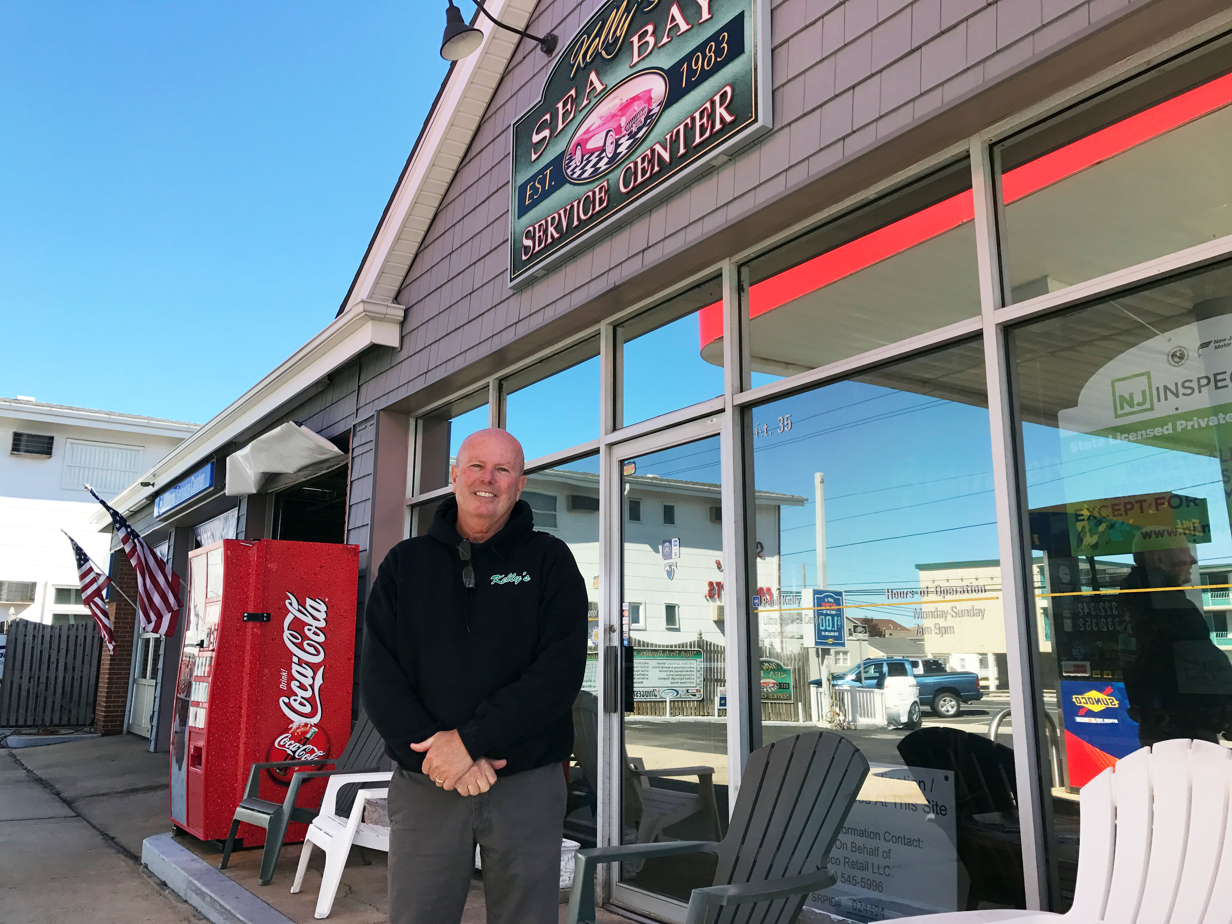 Paul Kelly in front of Kelly's Sea-Bay Service Station, Ortley Beach, N.J. (Photo: Daniel Nee)