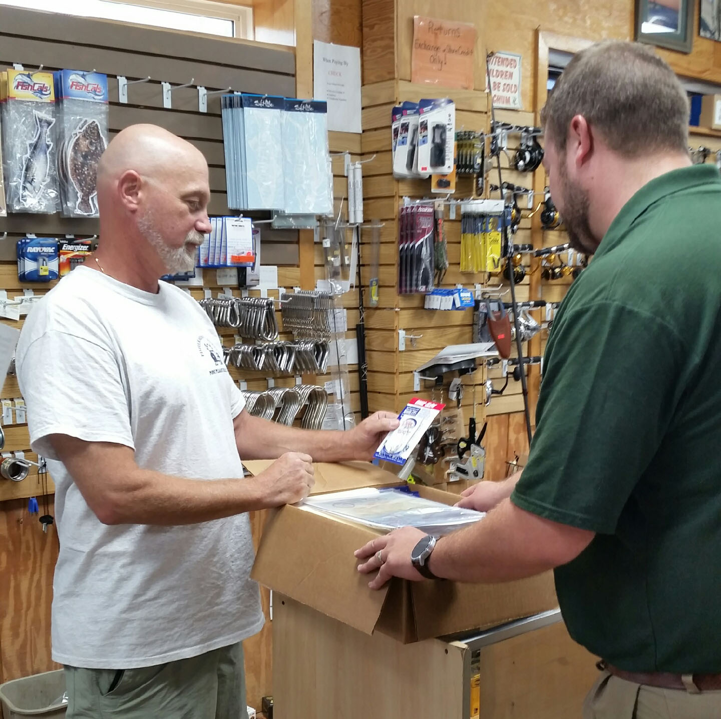 NJDEP staff deliver flounder hooks to Fisherman's Supply in Point Pleasant Beach. (Photo: Daniel Nee)