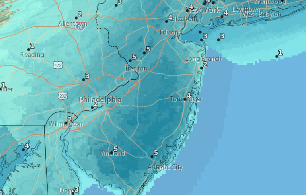 Forecast snow totals for New Jersey in the Dec. 8, 2017 storm. (Credit: NWS)