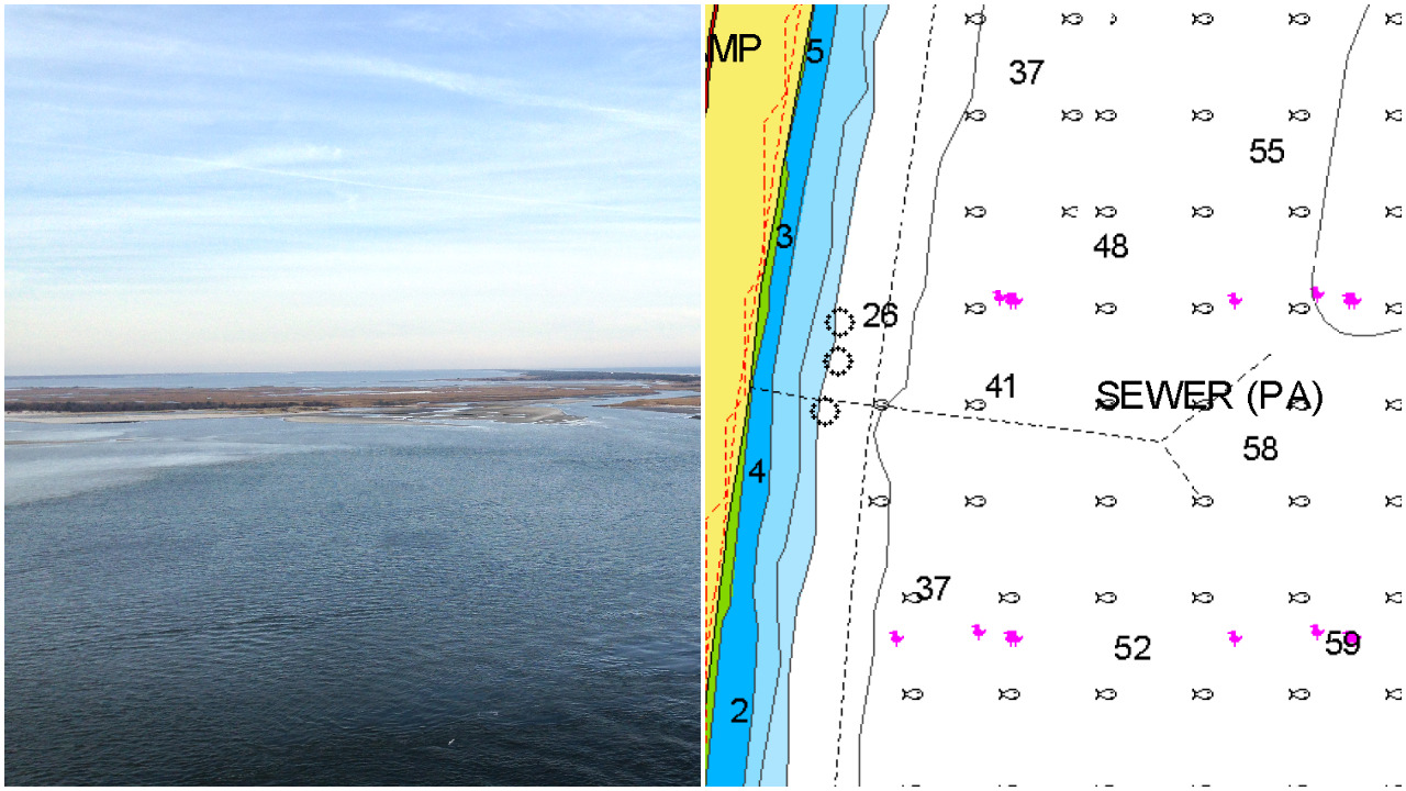 A pipeline between Bayville and the Atlantic Ocean is leaking in Barnegat Bay. (Photo: Daniel Nee/Nautical Chart)