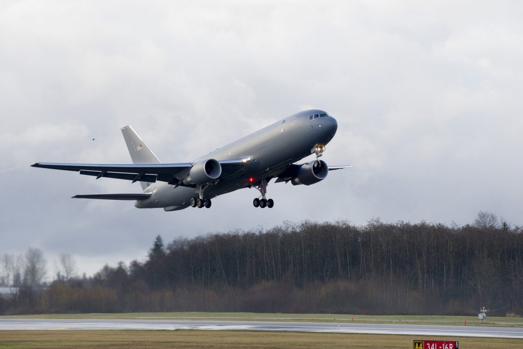 The Boeing KC-46 tanker during a test flight. (Credit: USAF)
