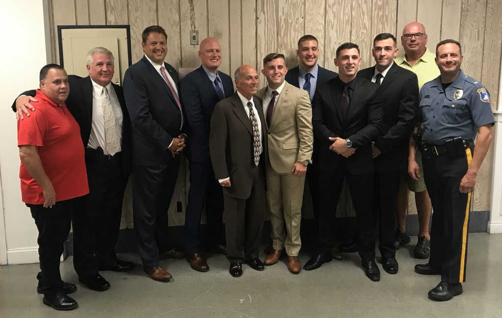 Prosecutor Bradley Billhimer, Mayor Anthony Vaz, Chief Thomas Boyd and new officers sworn in, Sept. 2019. (Photo: Daniel Nee)