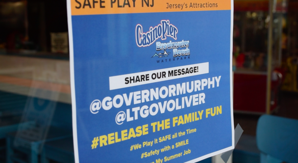 A sign advertising a campaign to reopen amusements businesses in New Jersey, June 9, 2020. (Photo: Daniel Nee)