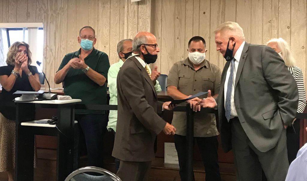 Seaside Heights Police Chief Tommy Boyd accepts a proclamation in his honor, Oct. 2020. (Photo: Daniel Nee)
