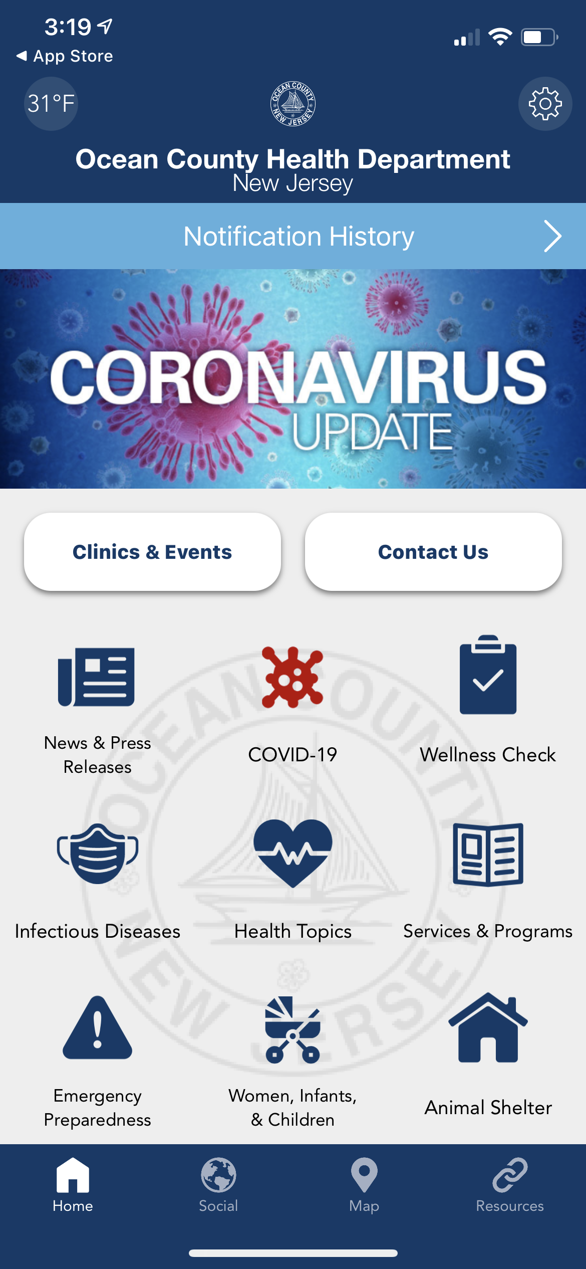 A screenshot of the Ocean County Health Department smartphone app.