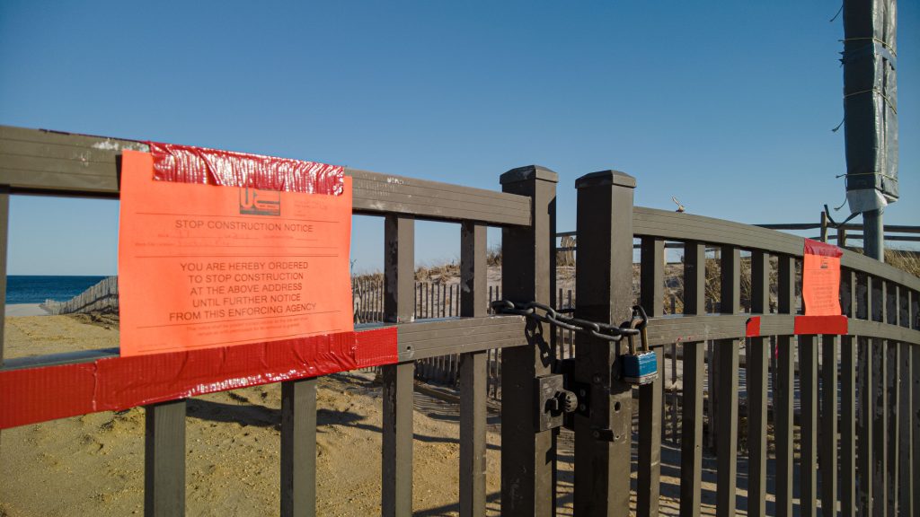 Funtown Pier, with materials staged for reconstruction, March 2022, Seaside Park, N.J. (Photo: Daniel Nee)