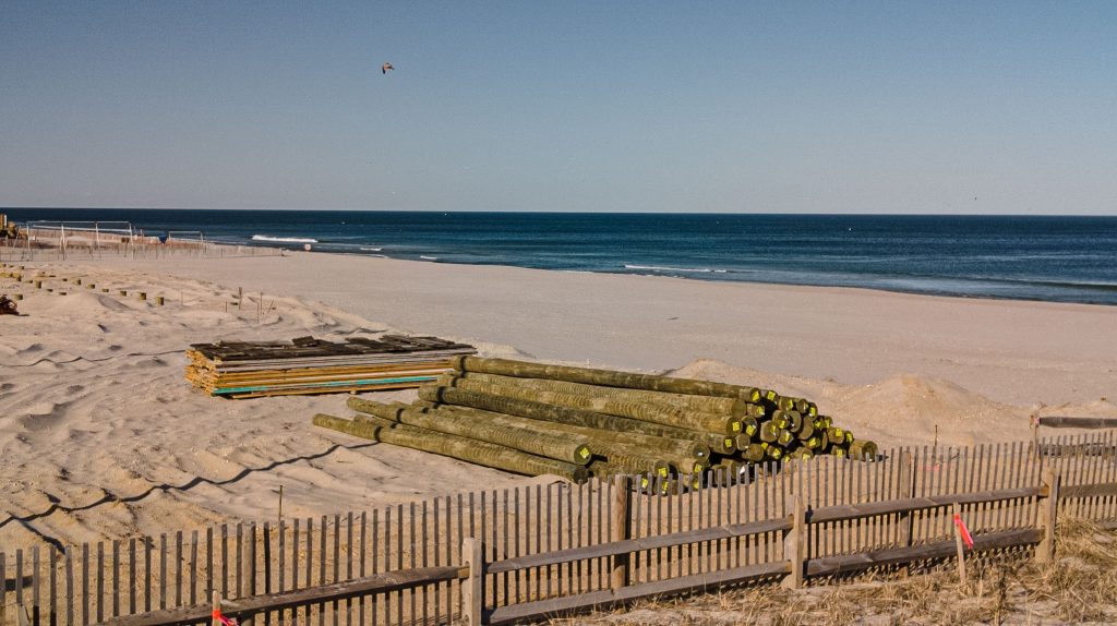 Funtown Pier, with materials staged for reconstruction, March 2022, Seaside Park, N.J. (Photo: Daniel Nee)