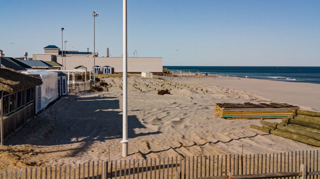 Funtown Pier, with materials staged for reconstruction, March 2022, Seaside Park, N.J. (Photo: Daniel Nee)