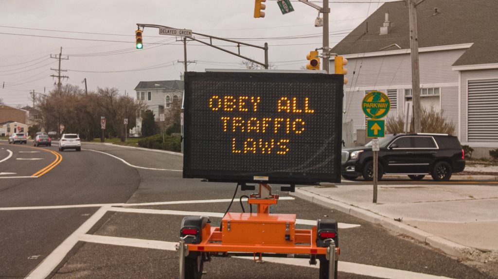 An electronic sign announcing a special traffic detail, Point Pleasant Beach, Route 35, March 31, 2022. (Photo: Daniel Nee)