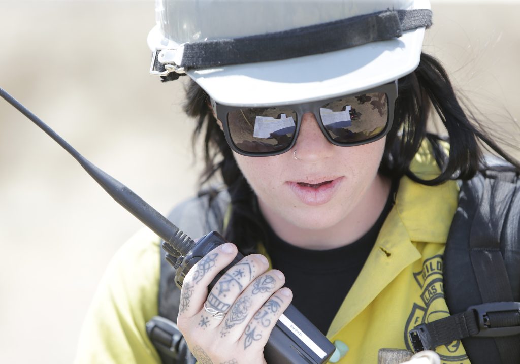A firefighter communicates on a radio. (Credit: National Interagency Fire Center/ Flickr)