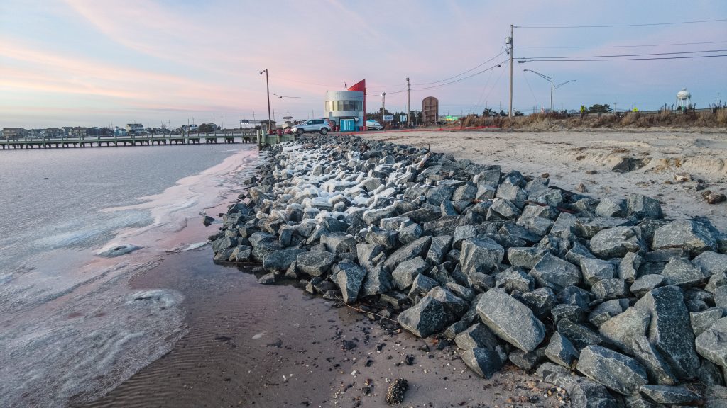 A living shoreline revetment project is largely complete at Seaside Heights' south bayfront area, Jan. 5, 2023. (Photo: Daniel Nee)