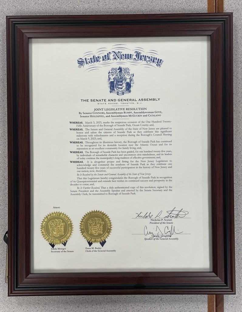 Officials mark the 125th aniversary of the founding of Seaside Park, March 9, 2023. (Photo: Shorebeat)