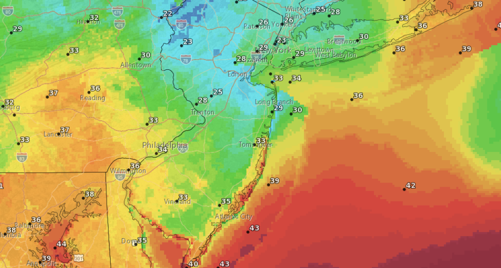 Maximum wind gusts Tuesday from an oncoming coastal storm. (Credit: NWS)