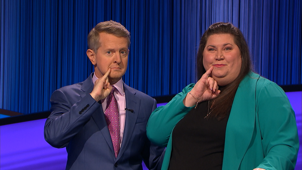 Denise Carlon and Jeopardy host Ken Jennings. (Photo: Jeopardy/Sony)