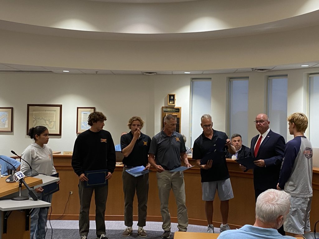 New Jersey State Assemblyman Paul Kanitra honors Lavallette lifeguards involved in the rescue of 20 children in Aug. 2025. (Photo: Barbara Sussino)