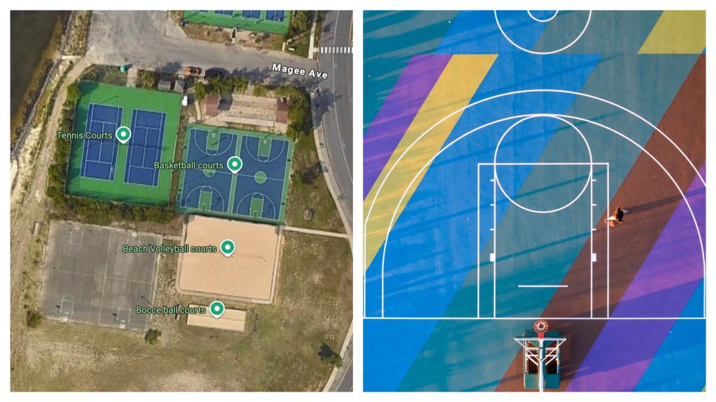 The Lavallette basketball courts, including an aging one remaining near to the south. / Designs from "Project Backboard" basketball courts. (Photo: Project Backboard)