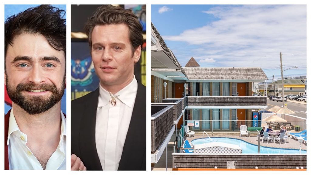 Daniel Radcliffe (left; Philip Romano) and Jonathan Groff (center; The Tony Awards under CC-BY-3.0 Unported) and the Charlroy Motel in Seaside Park (File Photo).