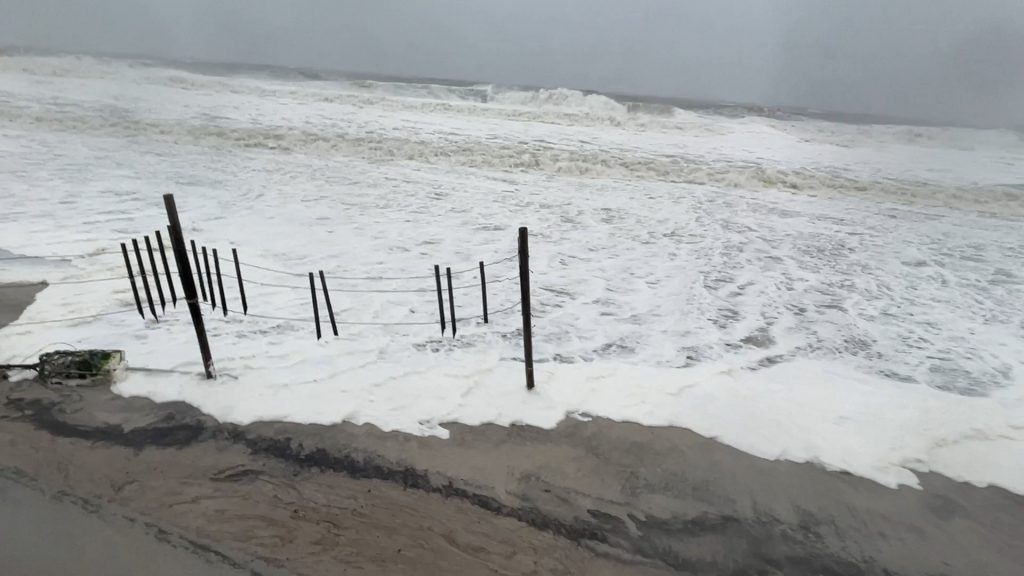 Ocean water laps at the dunes in Ortley Beach during the Feb. 1-2 nor'easter, 2021. (Photo: Daniel Nee)