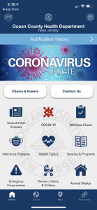 A screenshot of the Ocean County Health Department smartphone app.