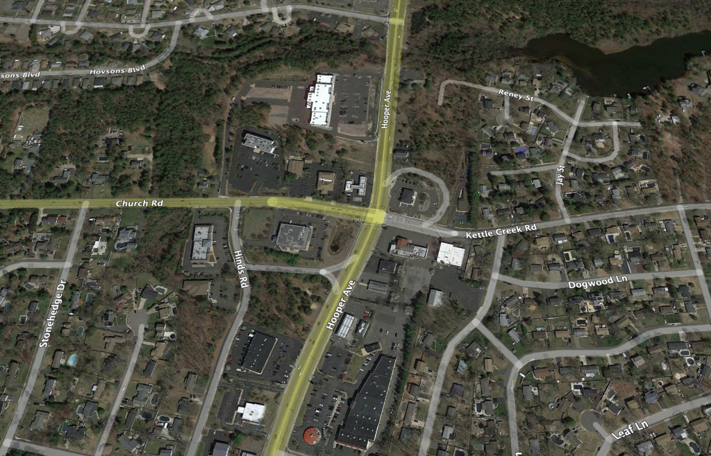 The intersection of Hooper Avenue and Kettle Creek/Church roads. (Credit: Google Maps)