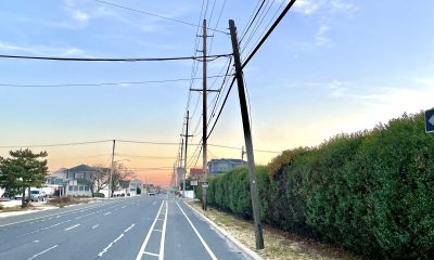 A utility pole leaning along Route 35 in Ocean County, Nov. 2023. (Photo: Shorebeat)