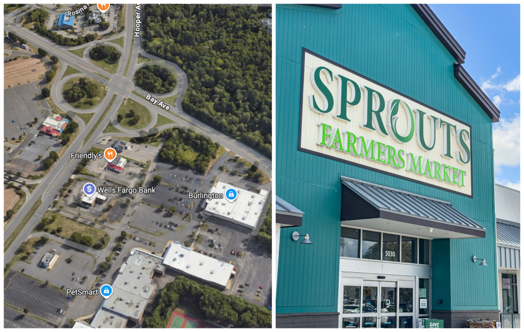 The shopping plaza at 1220 Hooper Avenue, Toms River, N.J., and an existing Sprouts supermarket. (Google Earth (left), Shorebeat Photo (right)).